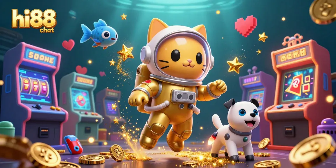Engage with hi88 chat in a vibrant 3D casino universe, featuring an astronaut cat and robot dog.