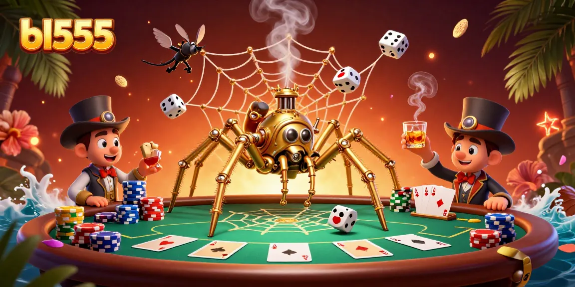 Experience thrilling gameplay at bl555 with a whimsical steampunk spider and poker elements.