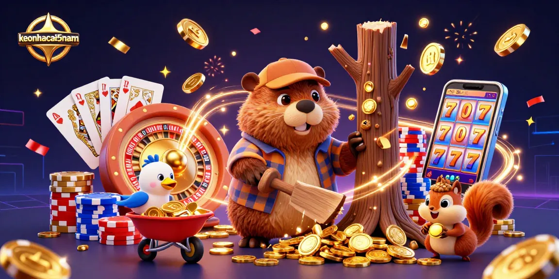 Join the fun at keonhacai5nam with a beaver collecting golden coins in a vibrant casino scene.