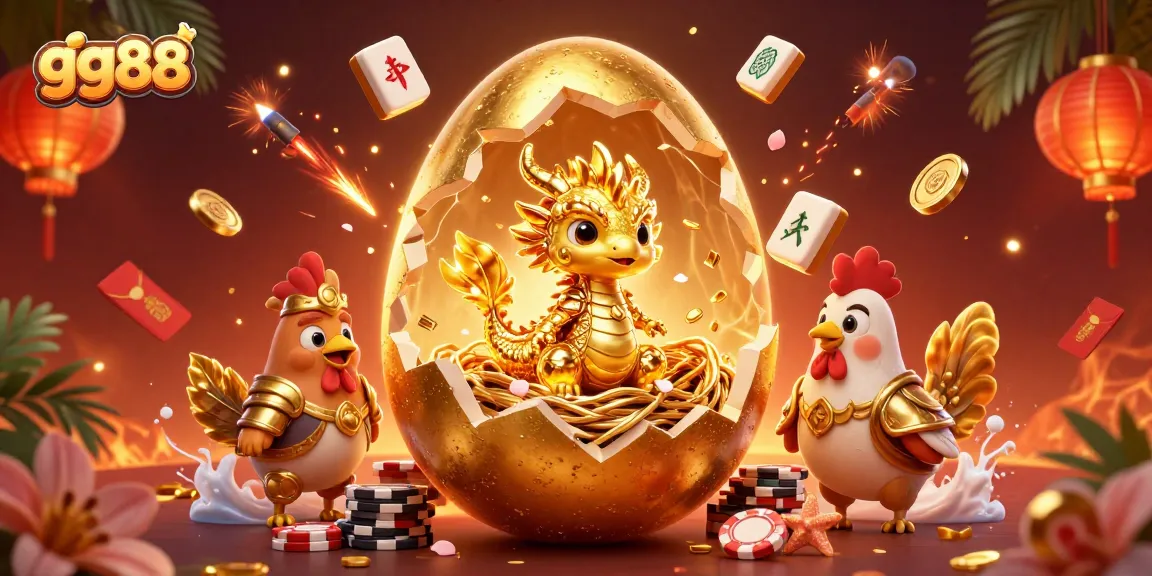 Experience the vibrant excitement at gg88 with a golden baby dragon and poker chips in a lively casino scene.