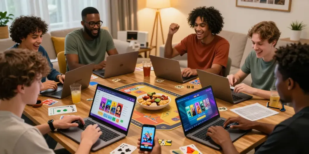 Engaged players enjoying card games on Hitclub platform in a vibrant home setting.