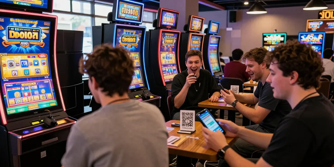 Players enjoying slot depo 1000 gaming experience in vibrant café setting.