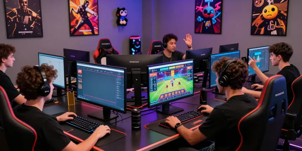 Players immersed in the vibrant FIVE88 gaming platform, celebrating wins and strategizing in a lively gaming environment.