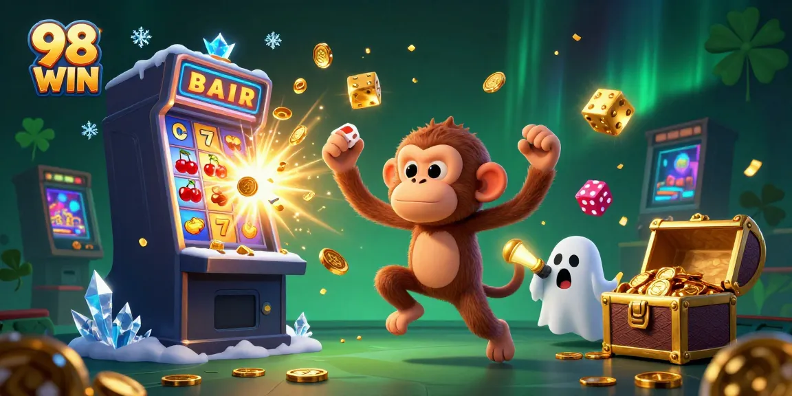Experience excitement in 98 WIN's haunted casino with juggled treasures and a curious ghost-hunter puppy.
