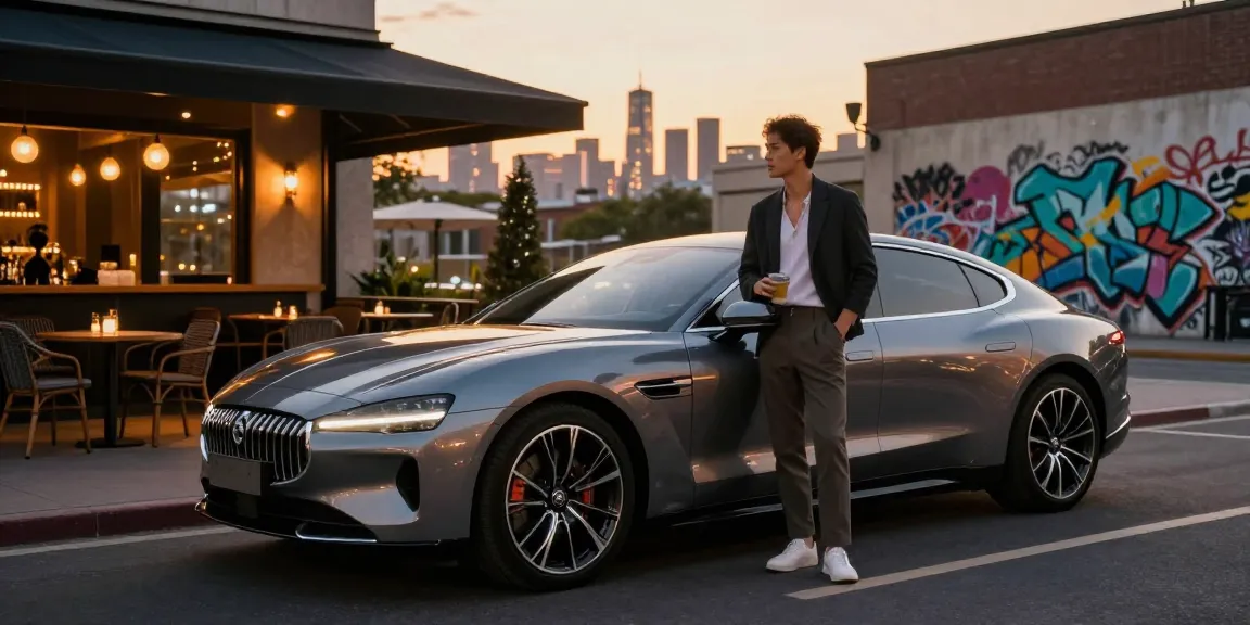 Mobil mewah LUXURY 777 di lingkungan perkotaan yang stylish dengan latar belakang cahaya kota.