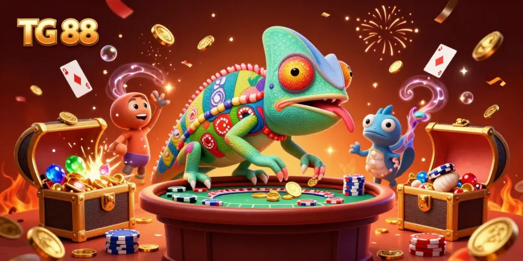 Experience thrilling gaming with TG 88, where vibrant chameleons and treasures fill the casino scene.