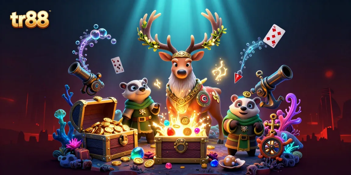 Experience the excitement of tr88 gaming with a vibrant 3D casino scene featuring enchanting characters and games.