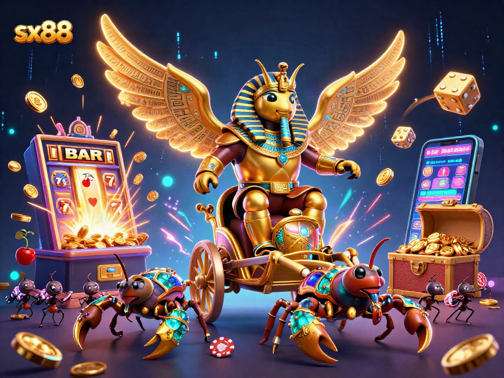 Experience winning moments with sx88's vibrant casino features like glowing slot machines and treasure.