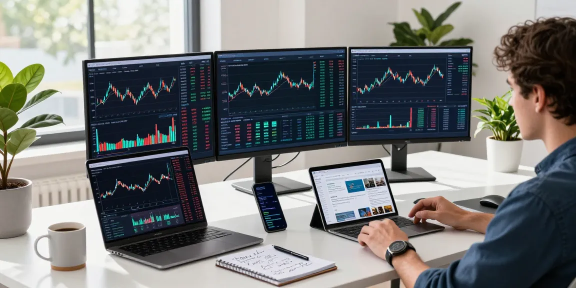 Analyzing Nasdaq stock data feed in a modern finance workspace with multiple screens and charts.