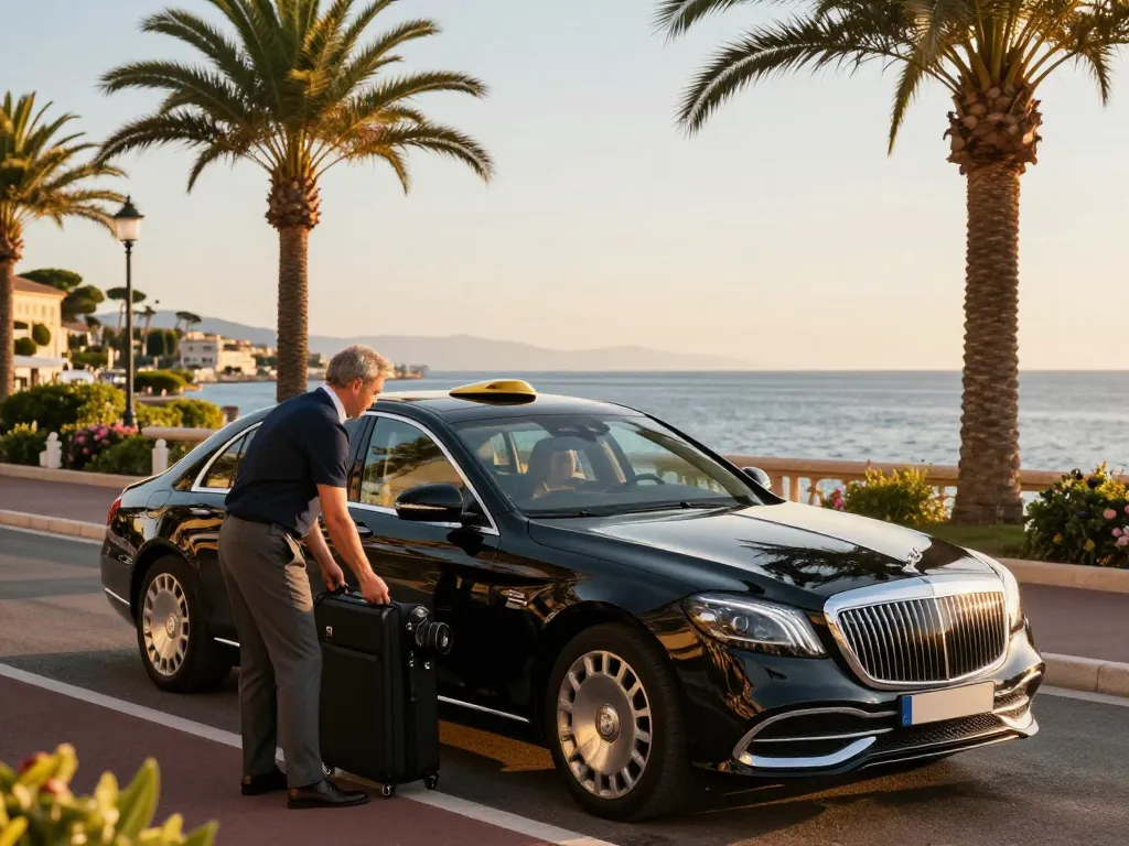 Taxi Saint Tropez avec chauffeur professionnel au coucher du soleil, vue côtière luxueuse.
