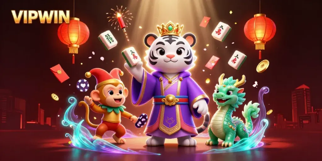 Engage with VIPWIN's thrilling world where a royal tiger, playful monkey, and jade dragon embody the excitement of online gambling.