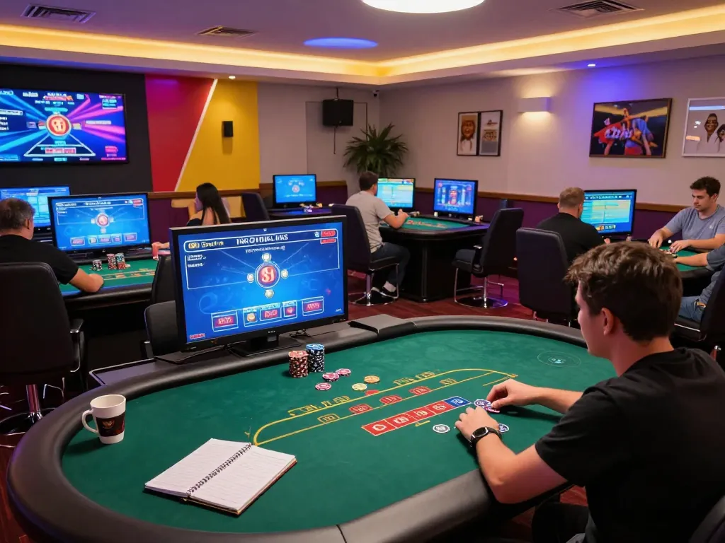 Engaged players at gamebaidoithuong8 online casino, showcasing vibrant gaming atmosphere and responsible gameplay.