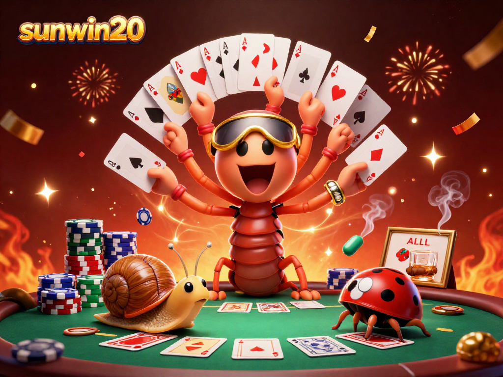 Join sunwin20's thrilling casino scene with a millipede dealer and high-roller snail amidst vibrant poker action.