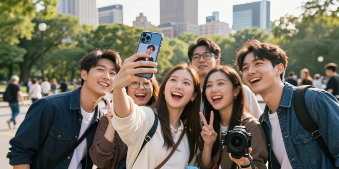 Group of friends enjoying a fun moment discovering their celebrity look alike through an AI app in a sunny park.