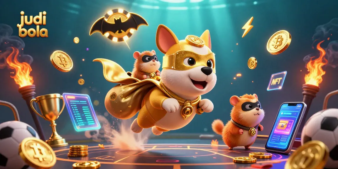 Action-packed scene showcasing judi bola with a superhero dog and hamster, vibrant with sports betting elements.