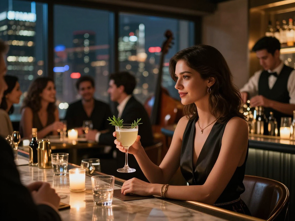 Khoảnh khắc gái gọi sang trọng tại quán bar đêm, với ánh đèn lấp lánh và không khí quyến rũ.