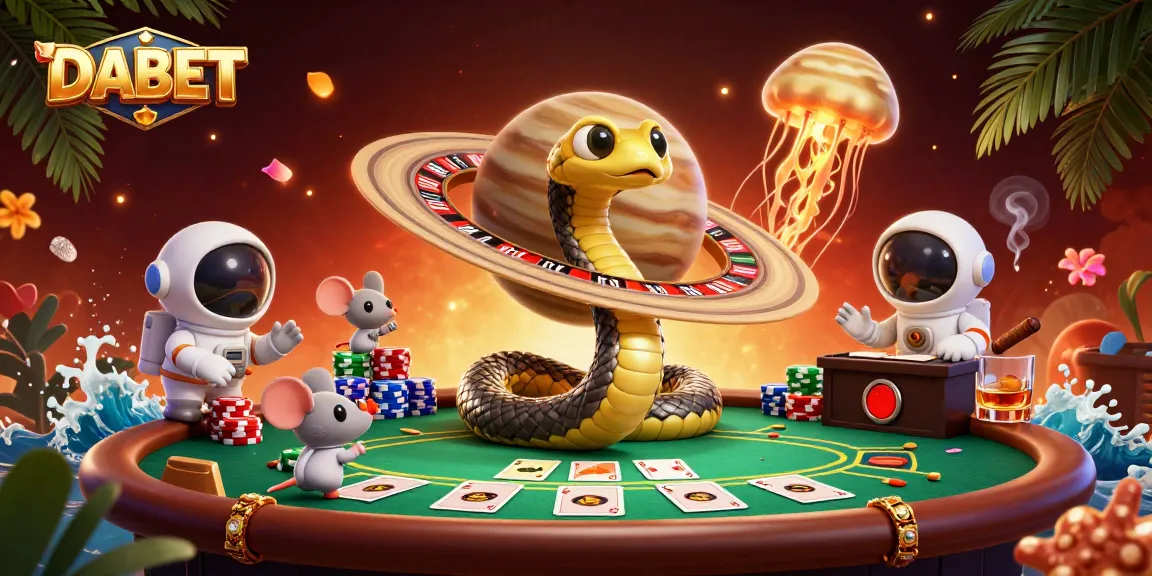 DABET offers a vibrant scene of gambling excitement with astronaut mice betting on a cosmic roulette wheel.