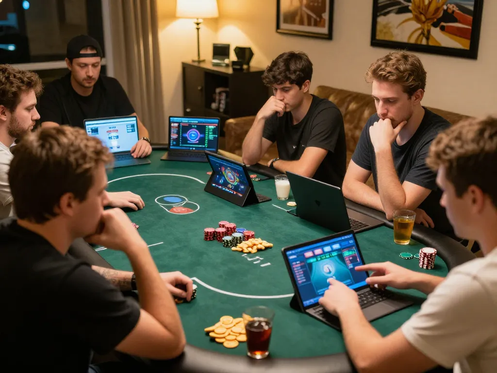 Players enjoying a competitive online poker game on 9bet at home, showcasing strategy and engagement