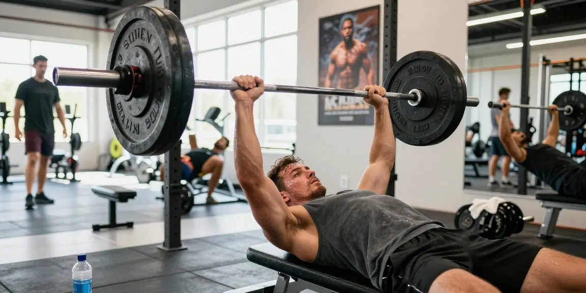 Bodybuilder hebt Gewichte in einem hellen Fitnessstudio bei Steroidshop.
