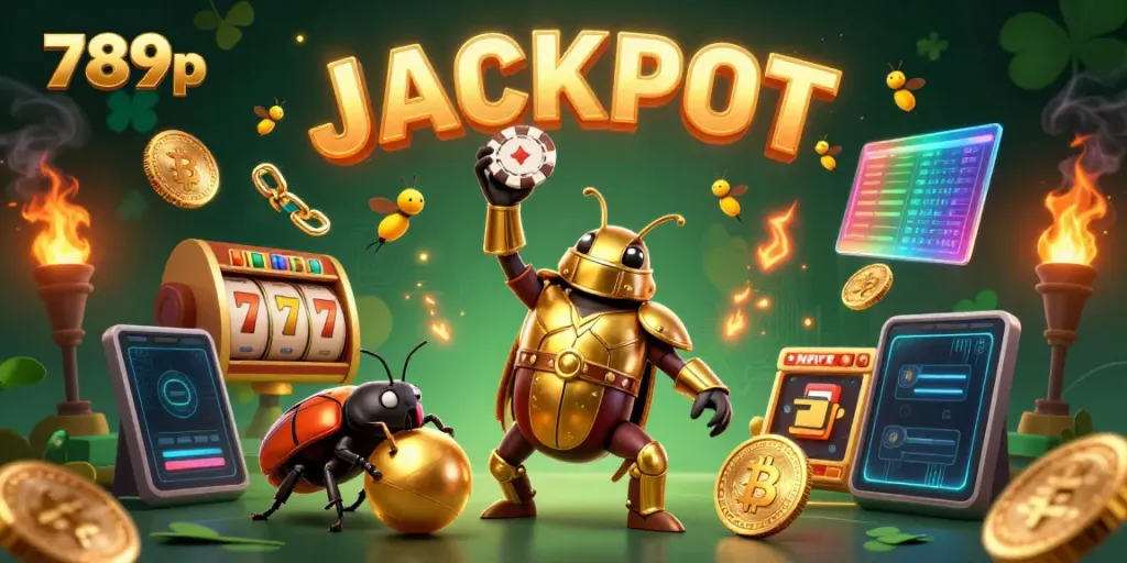 Experience the excitement of 789p with dynamic illustrations of jackpot-winning beetles and glowing crypto coins.