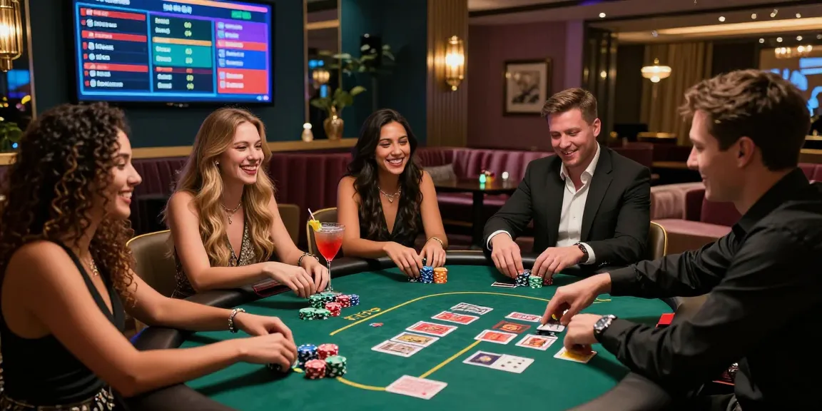 Ambiente di gioco in un elegante casinò con amici al tavolo, lista casino non aams e momenti di socializzazione.