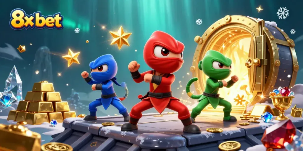 Engage in the thrilling 8x bet experience with ninja chameleons amidst treasure and gems.