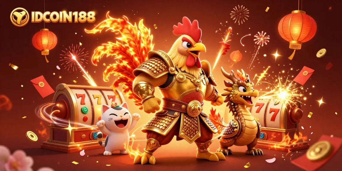 Engage with IDCOIN188, the dynamic scene featuring a rooster warrior and dragon hatchling in a lively gaming environment.