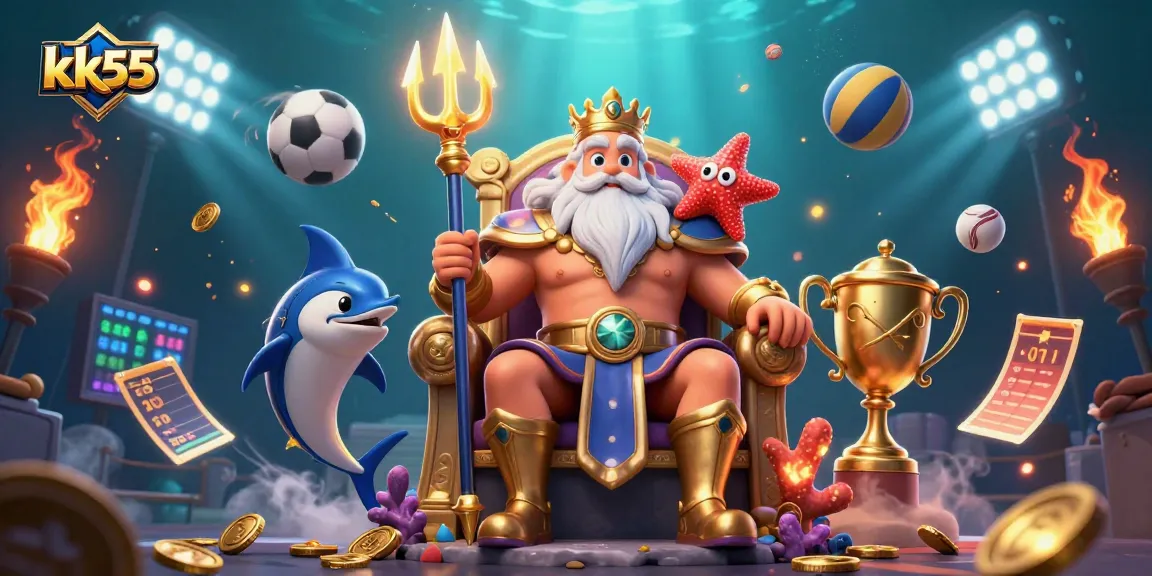 Engage in thrilling sports betting at kk55 with Neptune and dynamic gameplay elements surrounding him.