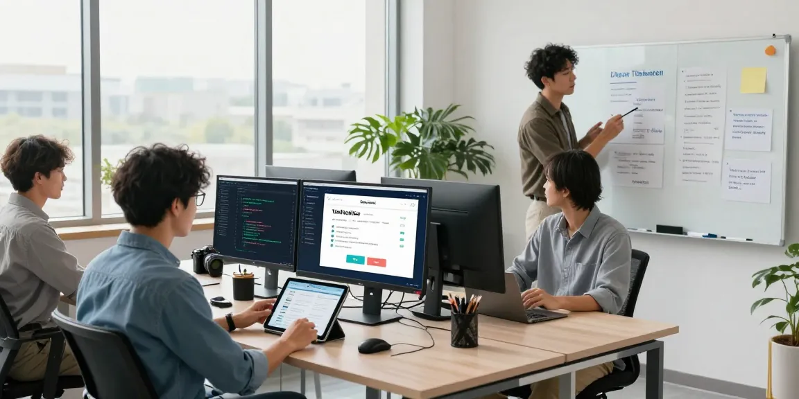 Innovative age verification system development scene with diverse team in modern office.