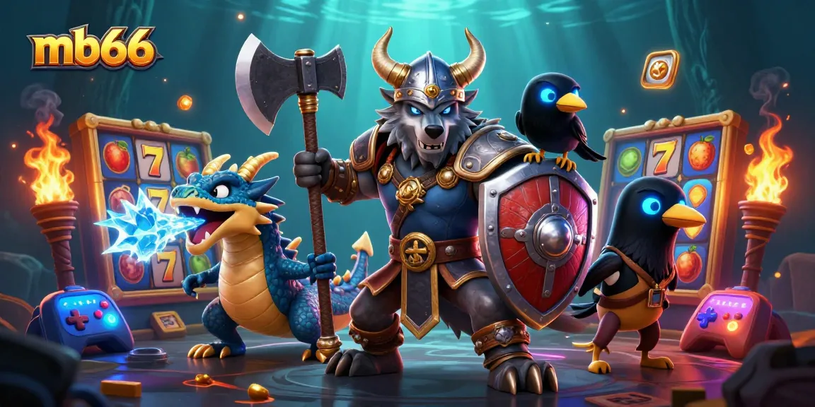 Engage in exciting gameplay at mb66 with a heroic Viking wolf warrior, fierce dragon, and jackpot elements.