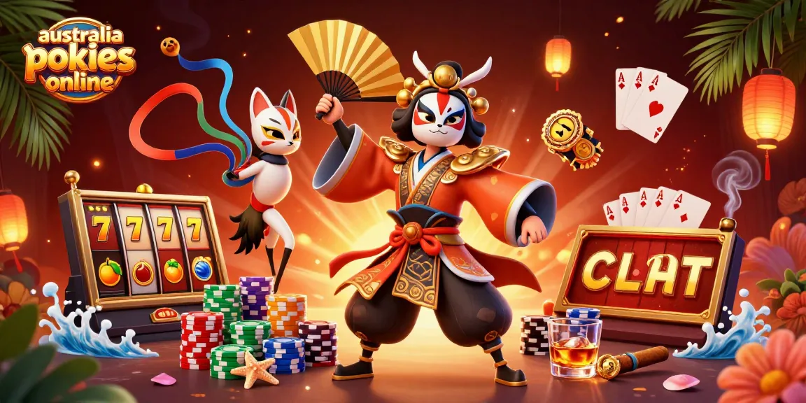Experience excitement at australia pokies online with colorful slot reels, kabuki warriors, and vibrant casino elements.