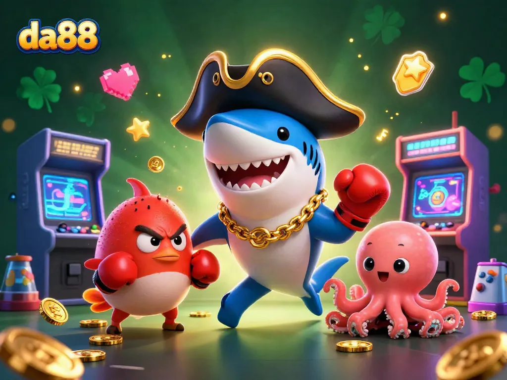 Experience thrilling action at da88 with a vibrant 3D cartoon casino scene featuring animated characters, gold coins, and colorful game elements.