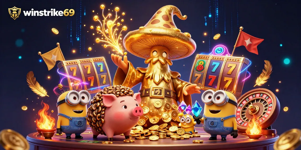 Winstrike69 showcases a magical casino scene with a wizard and golden treasures in a vibrant atmosphere.