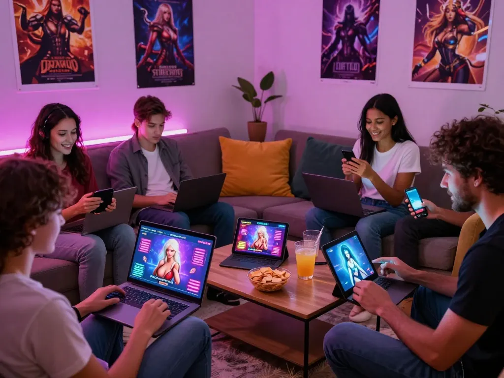 Engaged adults playing online porn games in a cozy living room with vibrant decor and interactive screen.
