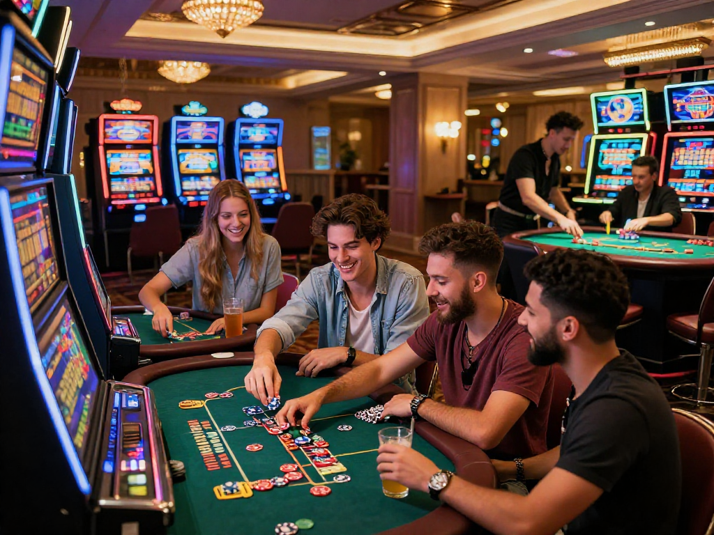 Scena vibrante di un'animata serata nei migliori casino non AAMS, con amici che si divertono tra slot machine e tavoli da poker.