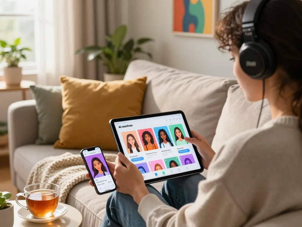 Engaging interaction with an AI gf app in a cozy living room setting, showcasing personalization features.