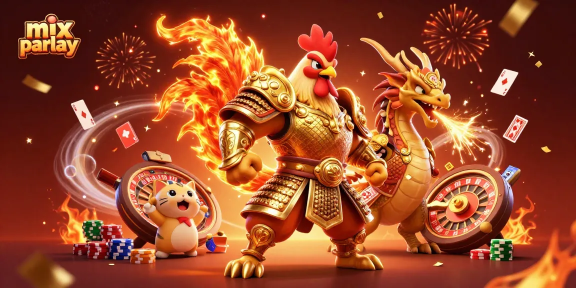 Engage in thrilling mix parlay betting with a vibrant illustration of casino warriors and prizes.