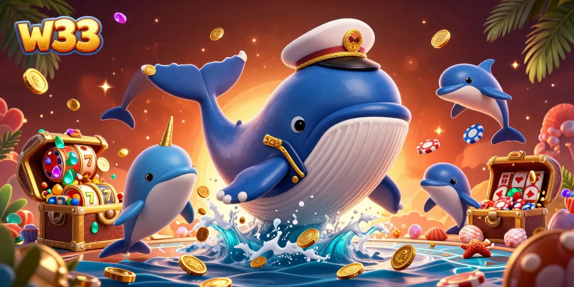 Revel in the w33 casino excitement with animated slots and playful dolphins amidst a treasure-filled ocean scene.