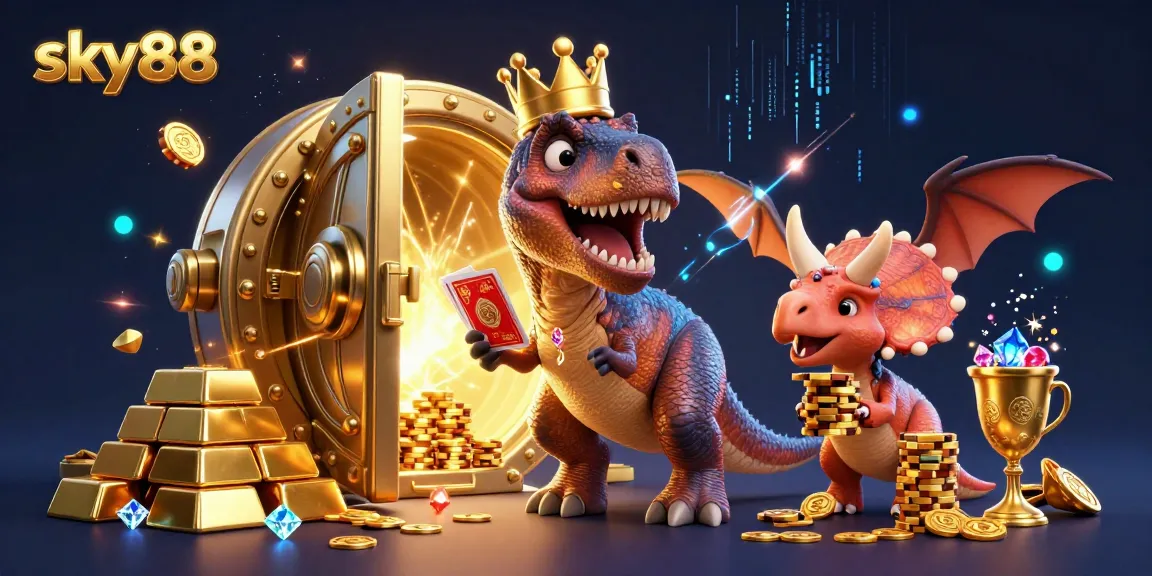 Experience the thrill of sky88 with a cartoon T-Rex shuffling cards and friends stacking golden chips in a vibrant casino scene.
