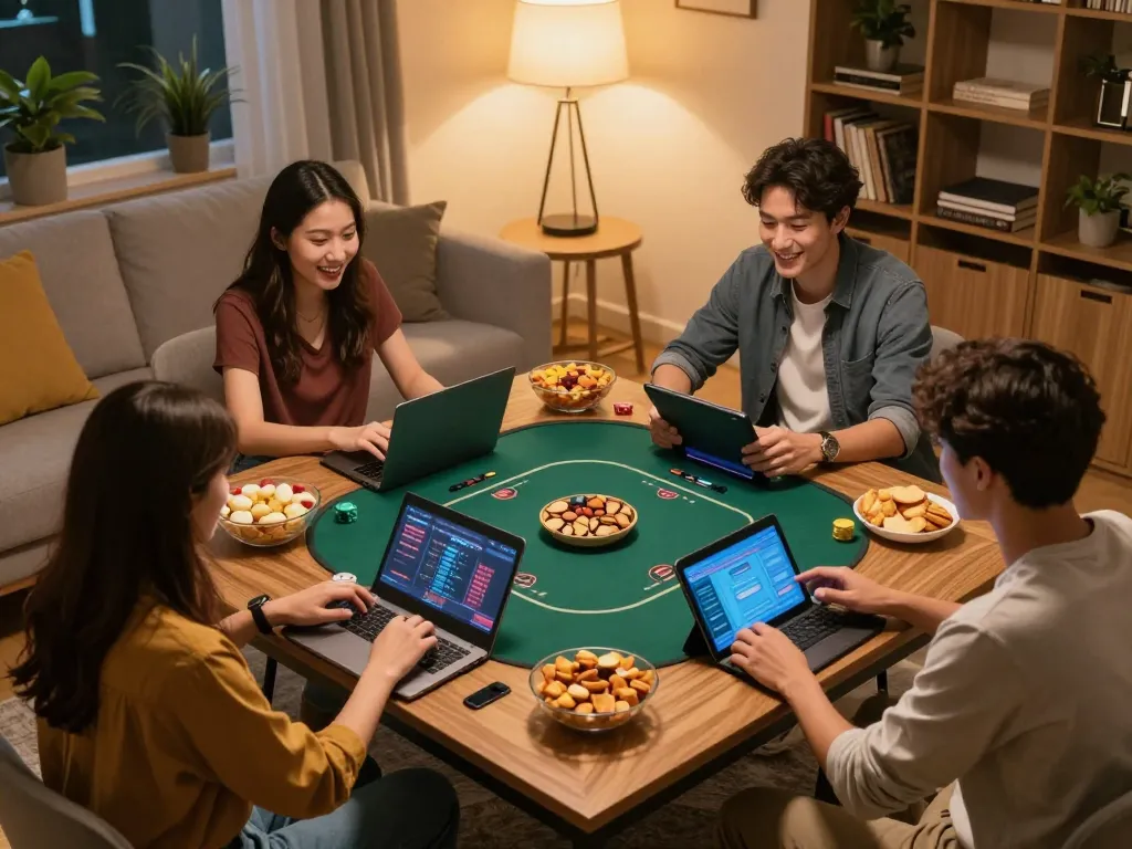 Enjoying an online poker game with friends on 888bgo, showcasing strategic gameplay and a lively atmosphere