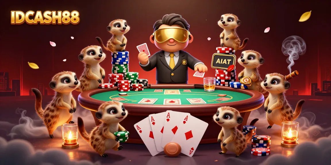 Experience excitement with IDCASH88 as meerkats engage in casino fun, featuring vibrant poker action.