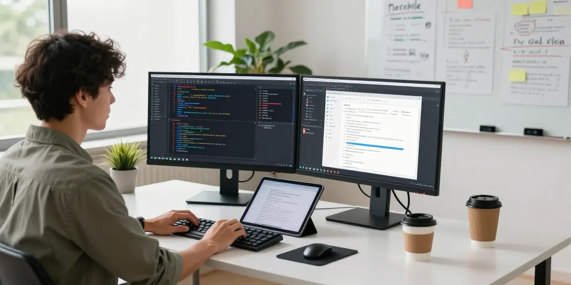 快连 tech workspace with developer coding on dual monitors in a bright office