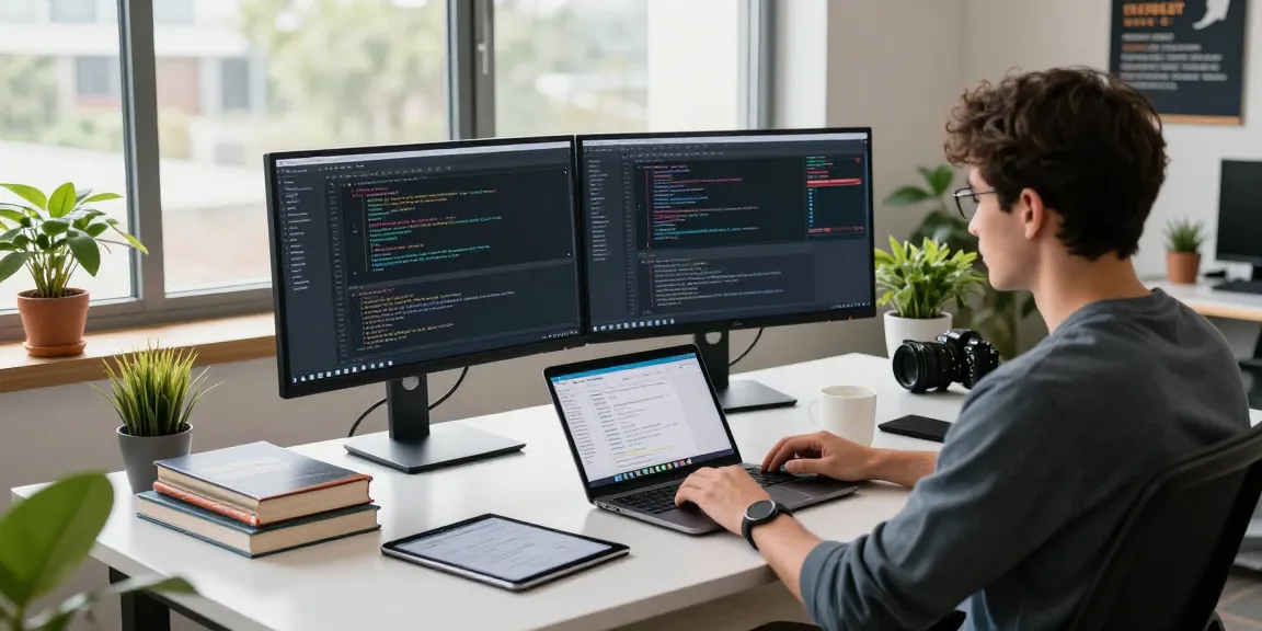 Developer at telegraimin.com workspace coding with dual monitors and vibrant office atmosphere