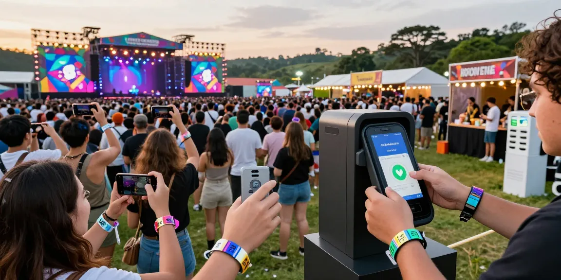 Engaged festival-goers using RFID control de accesos wristbands for seamless access and contactless payments.