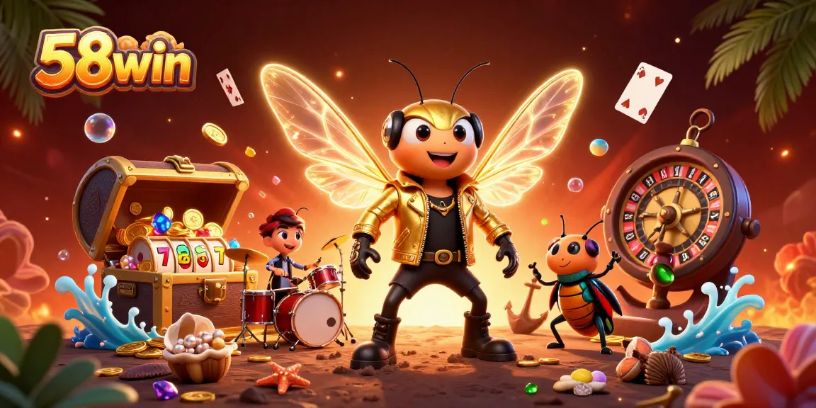 Experience vibrant gaming action with 58win through a dynamic 3D illustration showcasing thrilling casino elements.
