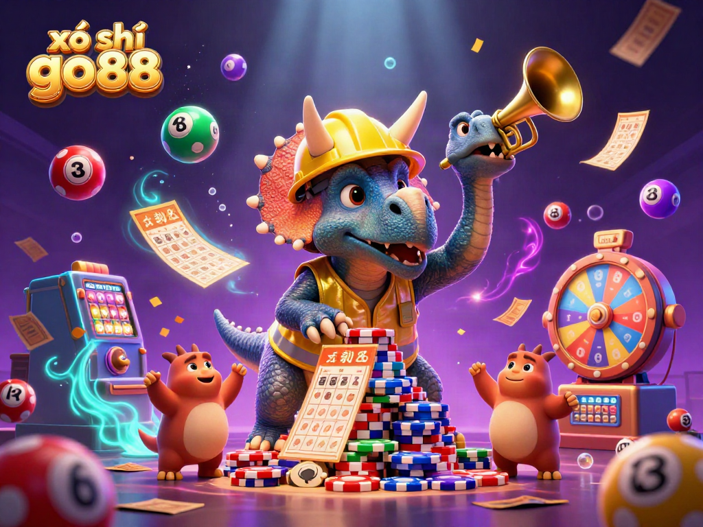 Engage with xổ số go88: A festive scene of colorful lottery balls, jubilant characters celebrating big wins.