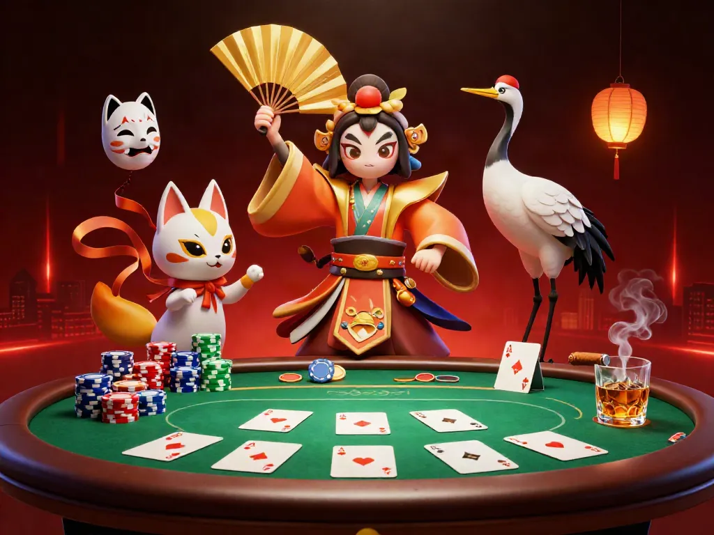 Experience Alo789 Link in this vibrant scene featuring a kabuki warrior and kitsune amidst gambling elements.