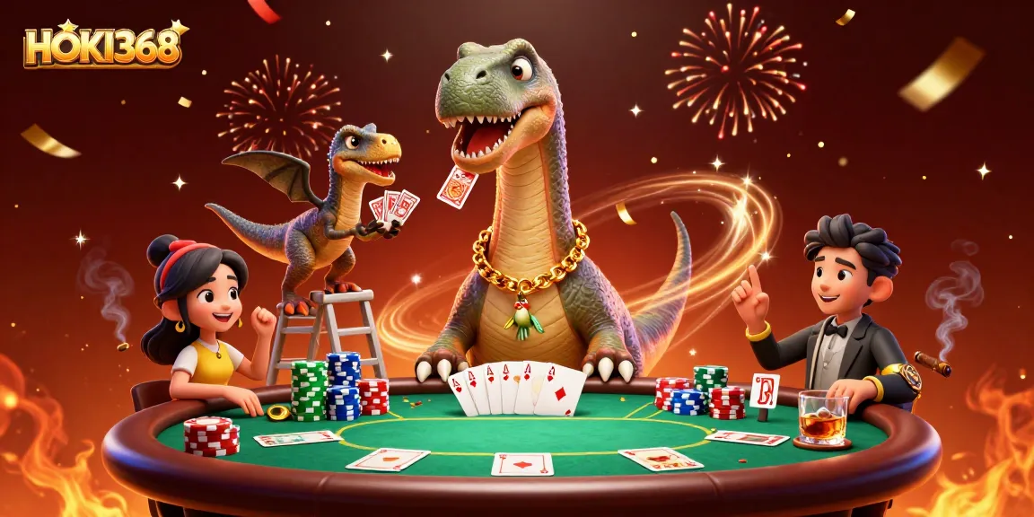 Engage in thrilling gameplay at HOKI368, where a massive brontosaurus oversees intense poker action amidst vibrant casino ambiance.