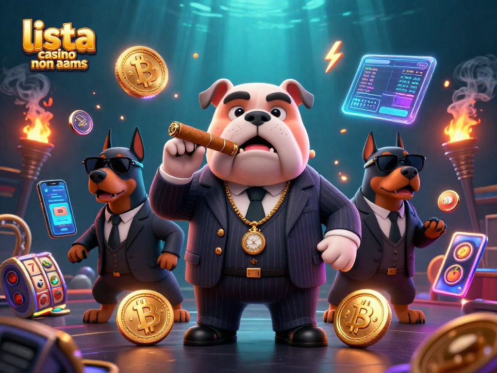 Esplora la lista casinò non AAMS con un bulldog mafioso e doberman in un'atmosfera vibrante di slot e criptovalute.