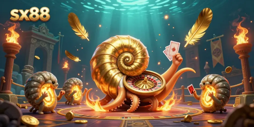 Win big at sx88 with a vibrant scene of a nautilus roulette wheel and golden cards.